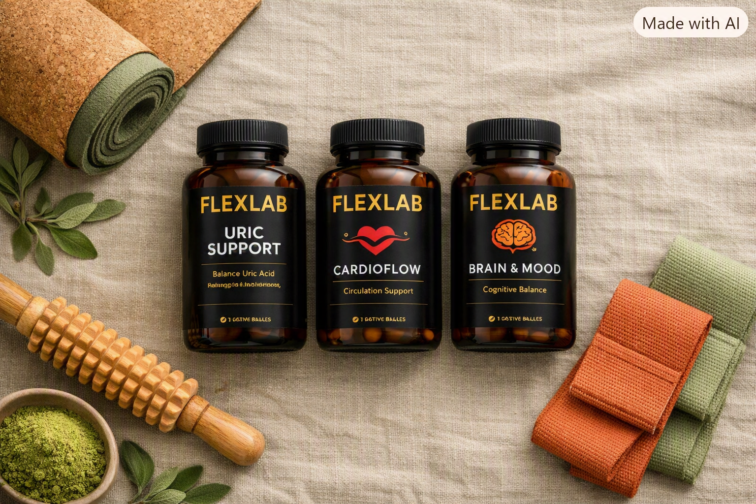 FlexLab herbal supplements: Uric Support, CardioFlow, Brain & Mood